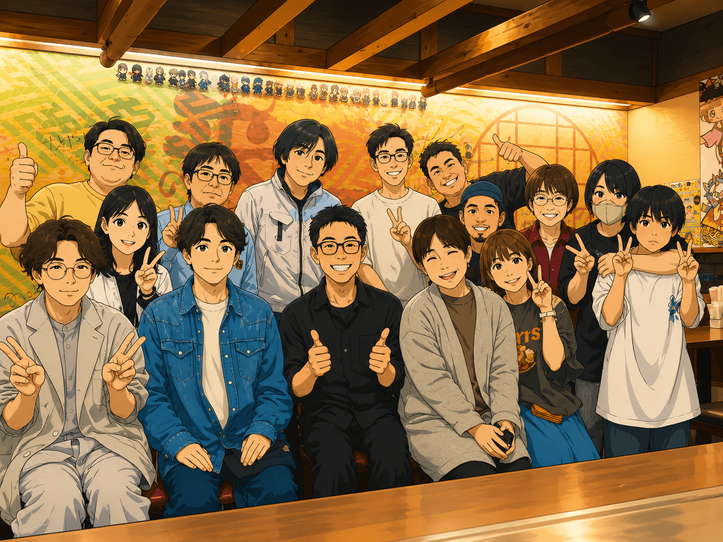 来風の店内で集まるAI実践コミュニティの仲間たちのイラスト